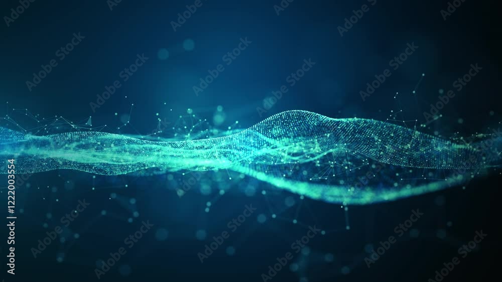Aufkleber Abstract glowing wave of data dots in a technology network. Technology blockchain connection, Artificial Intelligence, and Big data transfer concepts, Futuristic innovation digital data analysis
