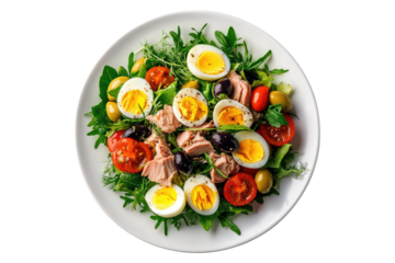 Fresh salad nicoise with tuna boiled eggs and olives isolated on white or transparent, PNG