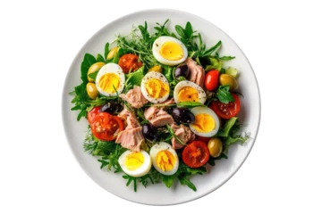 Fototapeten Fresh salad nicoise with tuna boiled eggs and olives isolated on white or transparent, PNG © boxstock production