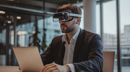 A business executive using augmented reality (AR) glasses for virtual meetings and digital collaboration in a sleek corporate office setting, AR digital collaboration theme, Professional style