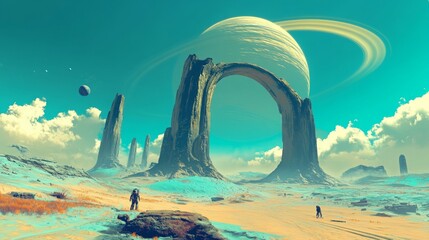 Fototapeta premium A vast, windswept alien desert with shifting dunes of vibrant blue sand, towering stone arches, and a giant ringed planet dominating the sky, 16:9