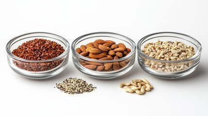 Fresh Organic Raw Nuts in Clear Bowls on White Background