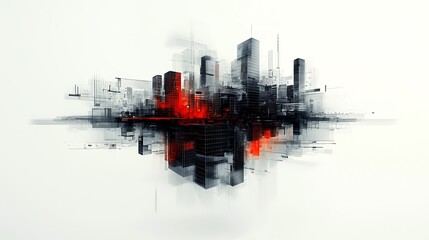 Abstract city skyline, red accents, white background; urban design concept