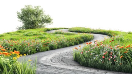 Fototapeta premium Country road flower fields architecture vegetation landscape.
