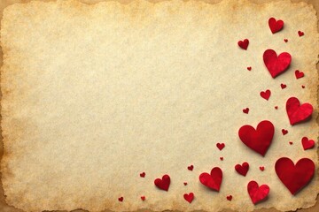 Scattered hearts forming a subtle pattern on aged parchment, love, cream