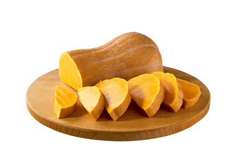 Butternut squash, cut into slices on a wooden cutting board.Isolated.