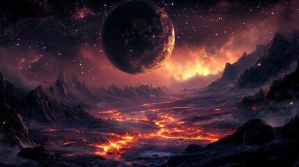 A dark alien planet illuminated by glowing plants, distant lava flows, and glittering starscapes, 16:9