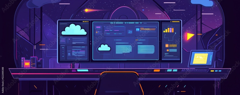 Poster a futuristic workspace featuring a sleek computer setup with data analytics and cloud services displ