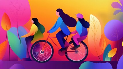 Fototapeta premium Family cycling together through a park, vibrant and healthy outdoor activity