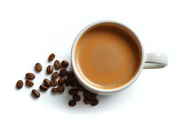  Cup of coffee latte and coffee beans isolated on white background. © Ariawan