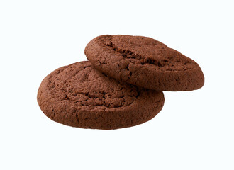 Two chocolate cookies isolated. Round chocolate cookies isolated on white background.