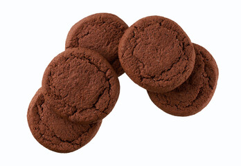 Chocolate cookies isolated, top view. Round chocolate cookies isolated on a white background, top view.