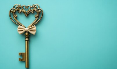 Vintage Ornate Golden Key with Heart Shaped Bow on Teal Background for Real Estate and Love Concepts, Generative AI