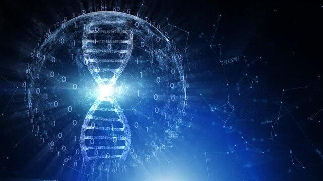 Digital computer data sphere with dna rotation backgrounds.