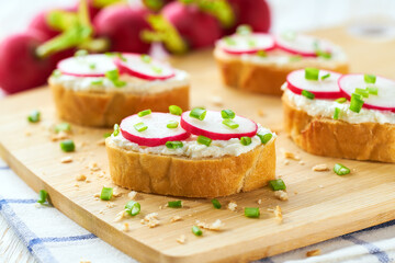 French bread Baguette with cream cheese and radish. Summer vegetarian snacks.