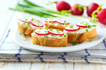 Light healthy diet snacks with crispy baguette , soft cheese and freshly gathered organic radishes and chives.