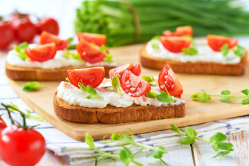 Sandwiches or toast with tomatoes cherry, cream cheese, olive oil and microgreen on a plate on white table.