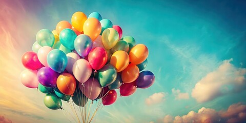 Obraz premium A vibrant cluster of colorful balloons ascends against a picturesque sky, symbolizing joy and celebration.