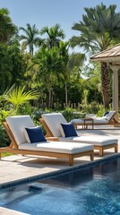Wooden deck chairs inviting relaxation by the luxurious poolside