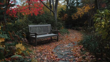 A cozy wooden bench surrounded by vibrant fall foliage