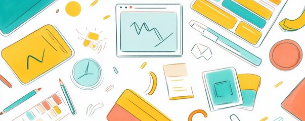 A colorful illustration featuring various office supplies and digital elements like graphs, pens, and notebooks, creating a creative workspace atmosphere.