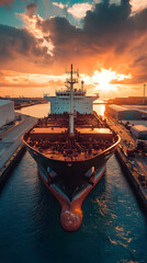 A large cargo ship docked at a busy port during sunset.