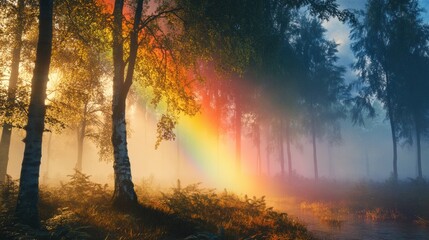 Obraz premium A vibrant rainbow arching across a misty forest clearing