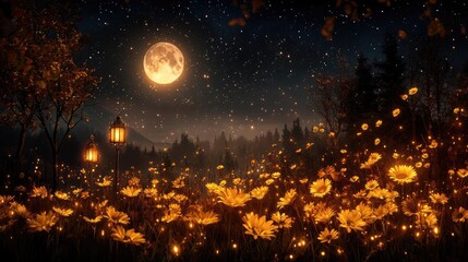 Naklejka premium Magical autumn night, moonlit flower field, glowing lanterns, misty forest background; fantasy art