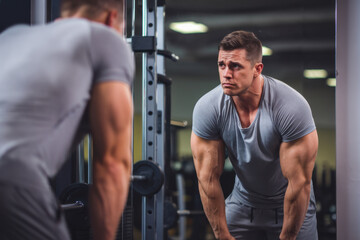 Naklejka premium A person looking at their reflection in a gym mirror, appearing dissatisfied