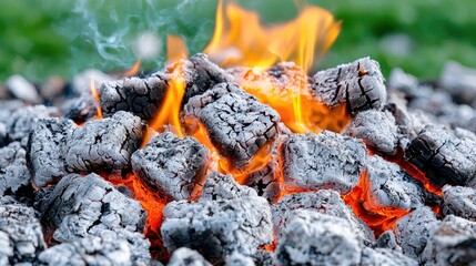 Burning charcoal briquettes, outdoor fire, green background, summer BBQ preparation