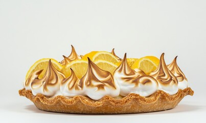Close-Up of Lemon Meringue Pie with Golden Crust and Zesty Lemon Filling on White Background - Perfect Dessert Image for Food Lovers and Bakers, Generative AI