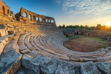 Aspendos ancient theatre ruins illuminated by setting sun in antalya, turkey