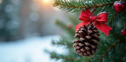 Pine cone and ribbon ornament on a wooden branch with berries, , wintery scenes