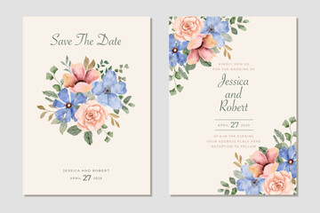 wedding invitation card blue pink floral watercolor frame