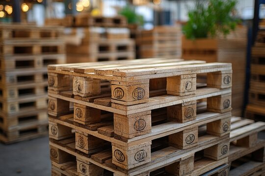 Stacked wooden pallets creating storage structure in warehouse setting