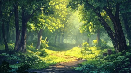 Obraz premium Sunlit Path Through a Lush Green Forest