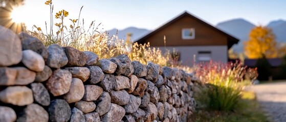 Rustic Stone Wall  Sunny Day  Mountain View  Autumn Plants