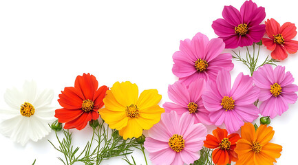 A beautiful cosmos arrangement, a decorative flower border, and blossoms on a white backdrop