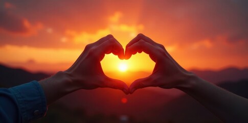 Two hands forming a circle at sunset, fiery sky backdrop , beautiful, element