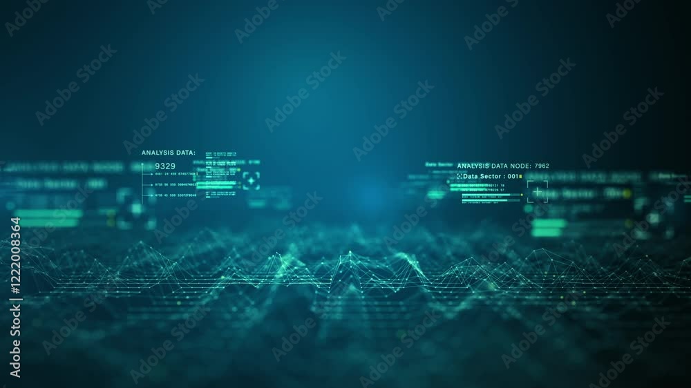 Aufkleber Advanced digital grid with glowing data nodes, lines, and binary code represents blockchain technology network connection, Artificial intelligence, Big data transfer in futuristic technology concept.