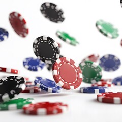 flying casino poker chips, on a white background, generative ai