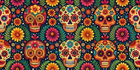 Vibrant Floral Skull Pattern Featuring Ornate Sugar Skulls and Colorful Blossoms