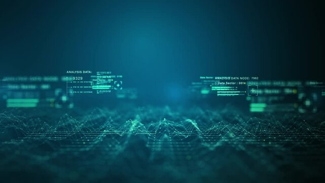 Advanced digital grid with glowing data nodes, lines, and binary code represents blockchain technology network connection, Artificial intelligence, Big data transfer in futuristic technology concept.