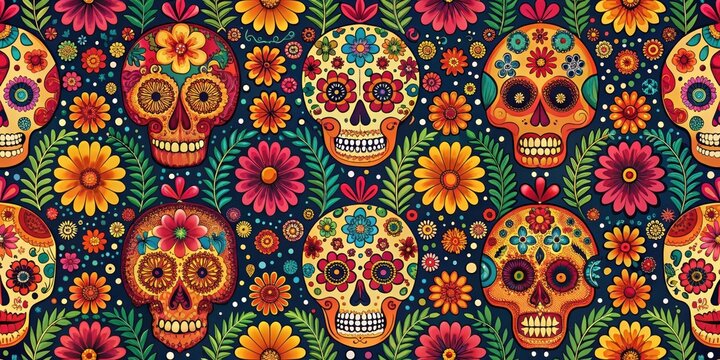 Vibrant Floral Skull Pattern Featuring Ornate Sugar Skulls and Colorful Blossoms