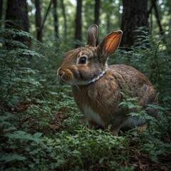 Fototapeta premium How a rabbit finds safety in the underbrush of the forest.