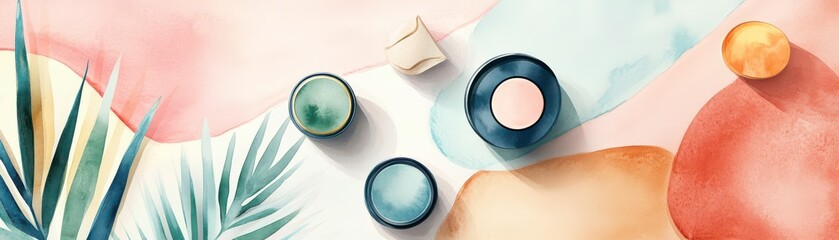 A vibrant, abstract layout featuring colorful circular objects, soft pastel hues, and green leaves, creating a serene and artistic atmosphere.