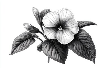 A monochrome vector illustration of a single violet blossom with five distinct petals and rounded leaves
