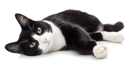 A black and white tuxedo cat lying on its side on a bright white floor, looking relaxed and charming