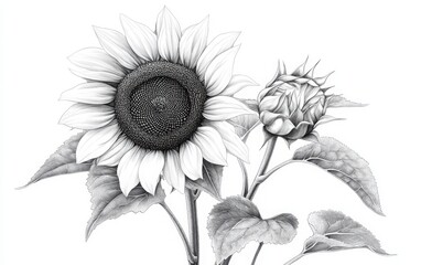 A monochrome vector illustration of sunflowers with towering, slender stems and expansive petals, drawn in a vintage wood engraving style using pen and ink