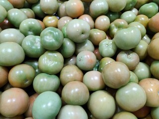 Fresh Green and Ripe Tomatoes Displayed at Farmer's Market
